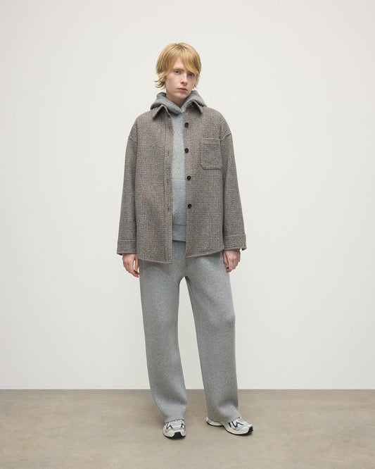 Model wearing Johnstons of Elgin Women's Tailoring Ash Small Glen Urquhart Glen Urquhart Check Oversized Shirt Front View TB000754RU7675