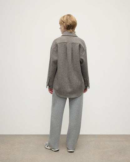 Model wearing Johnstons of Elgin AW25 Women's Tailoring Ash Small Glen Urquhart Glen Urquhart Check Oversized Shirt back View TB000754RU7675