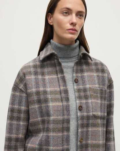 Model wears Johnstons of Elgin AW25 Women's Tailoring Slate Tweed Check Slate Tweed Check Oversized Shirt Close Up TB000754RU7676