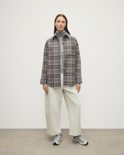 Model wears Johnstons of Elgin  Women's Tailoring Slate Tweed Check Slate Tweed Check Oversized Shirt Front View TB000754RU7676