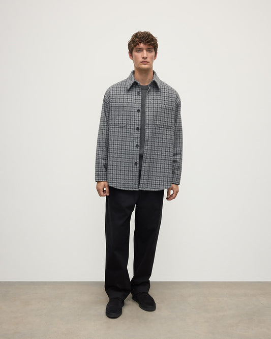 Front view of a model wearing Johnstons of Elgin AW25 Men's Tailoring Grey Classic Gunclub Cashmere Wool Blend Grey Overshirt TB000755RU7684