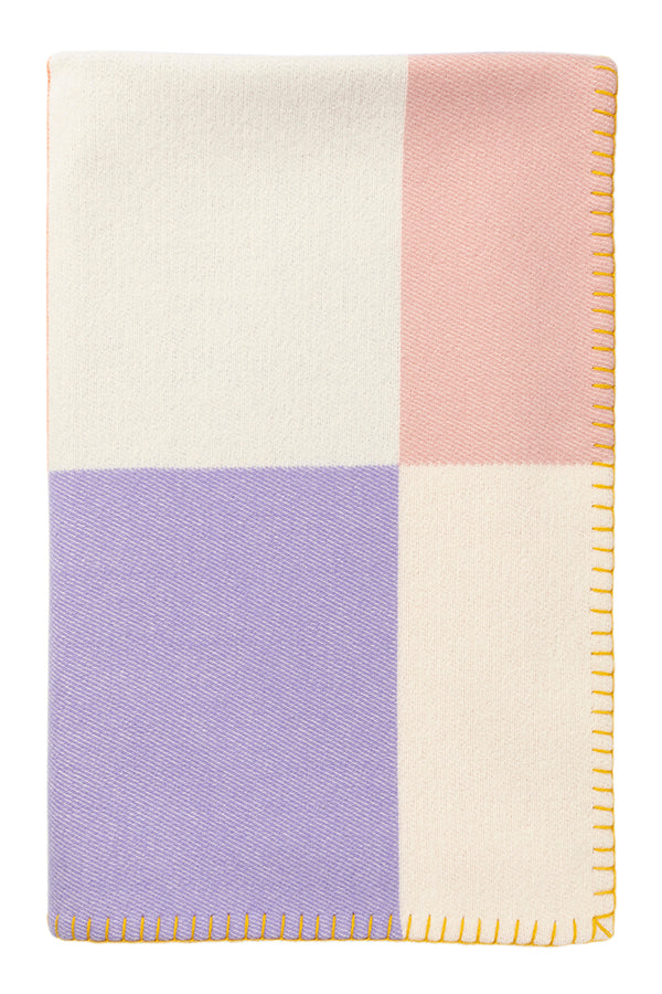 Johnstons of Elgin’s Lilac & Yellow Kids Colour Block Blanket Stitch Throw on a white background TB000582RU7281ONE