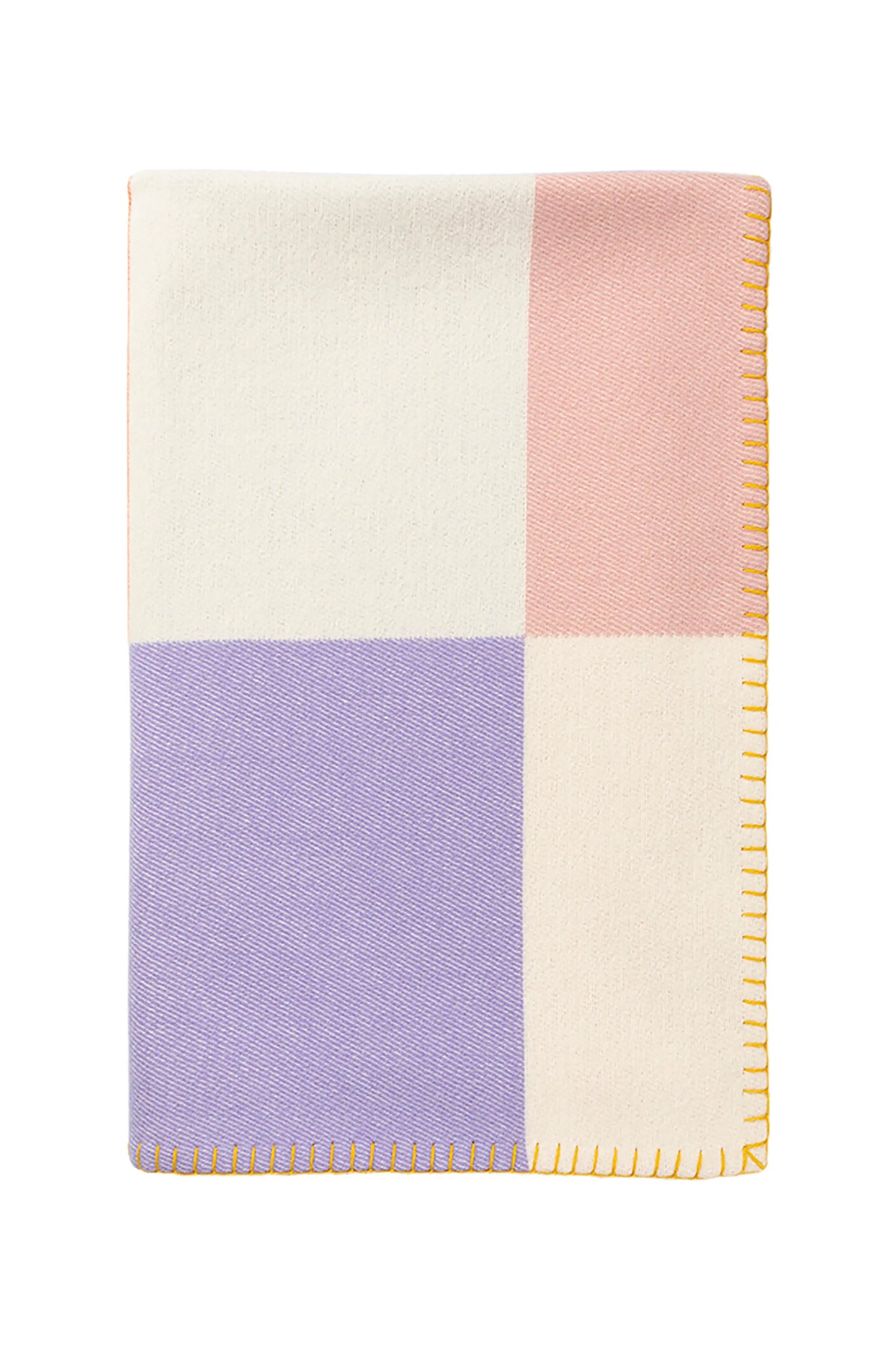 Johnstons of Elgin’s Lilac & Yellow Kids Colour Block Blanket Stitch Throw on a white background TB000582RU7281ONE