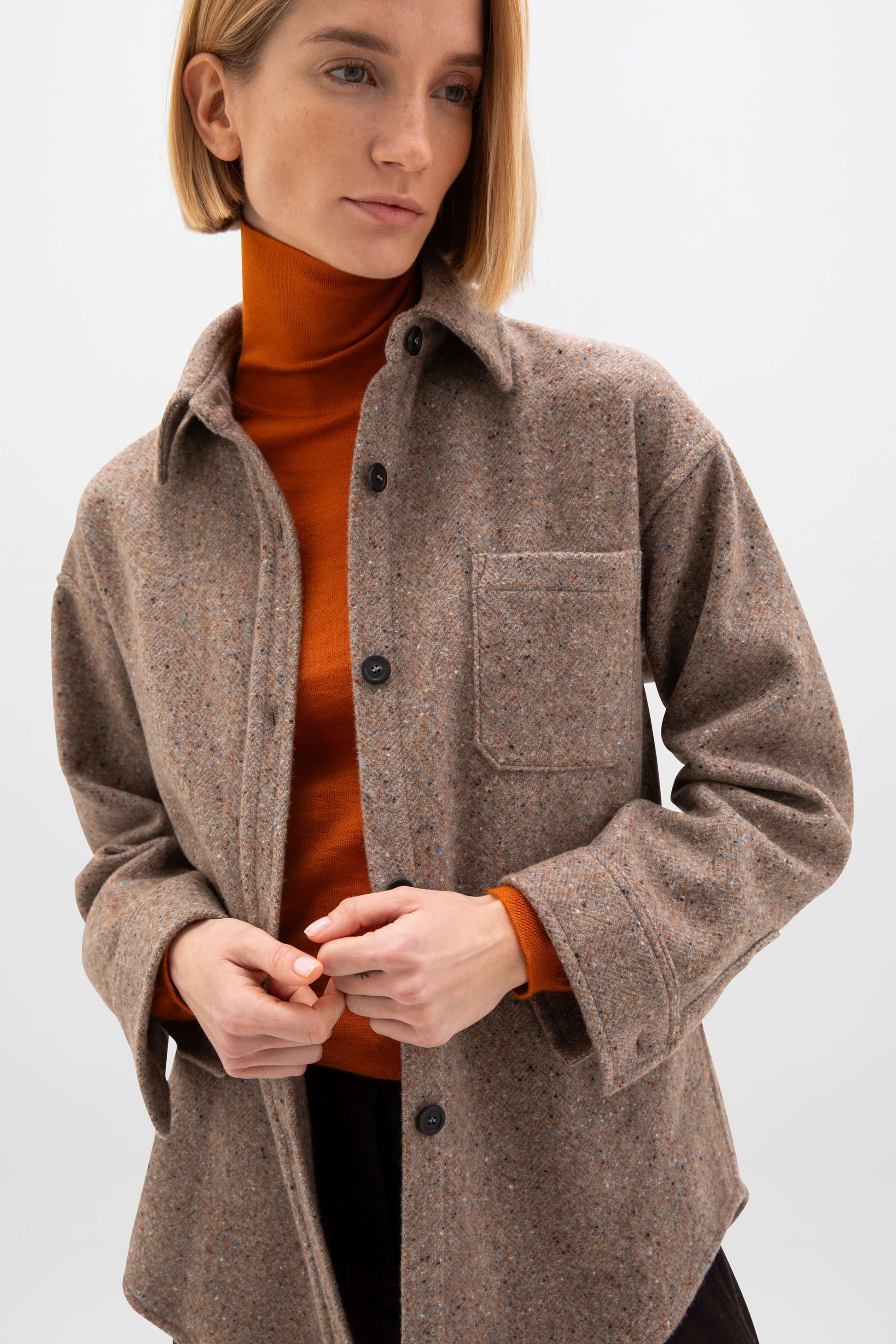 Johnstons of Elgin AW24 Women's Tailoring Ochre & Ash Herringbone Herringbone Oversized Shirt TB000654RU7574