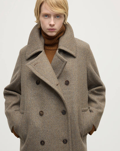 Model wears Johnstons of Elgin  Women's Tailoring Partridge Tweed Herringbone The Great Coat in Brown Front View TD000438RU7671