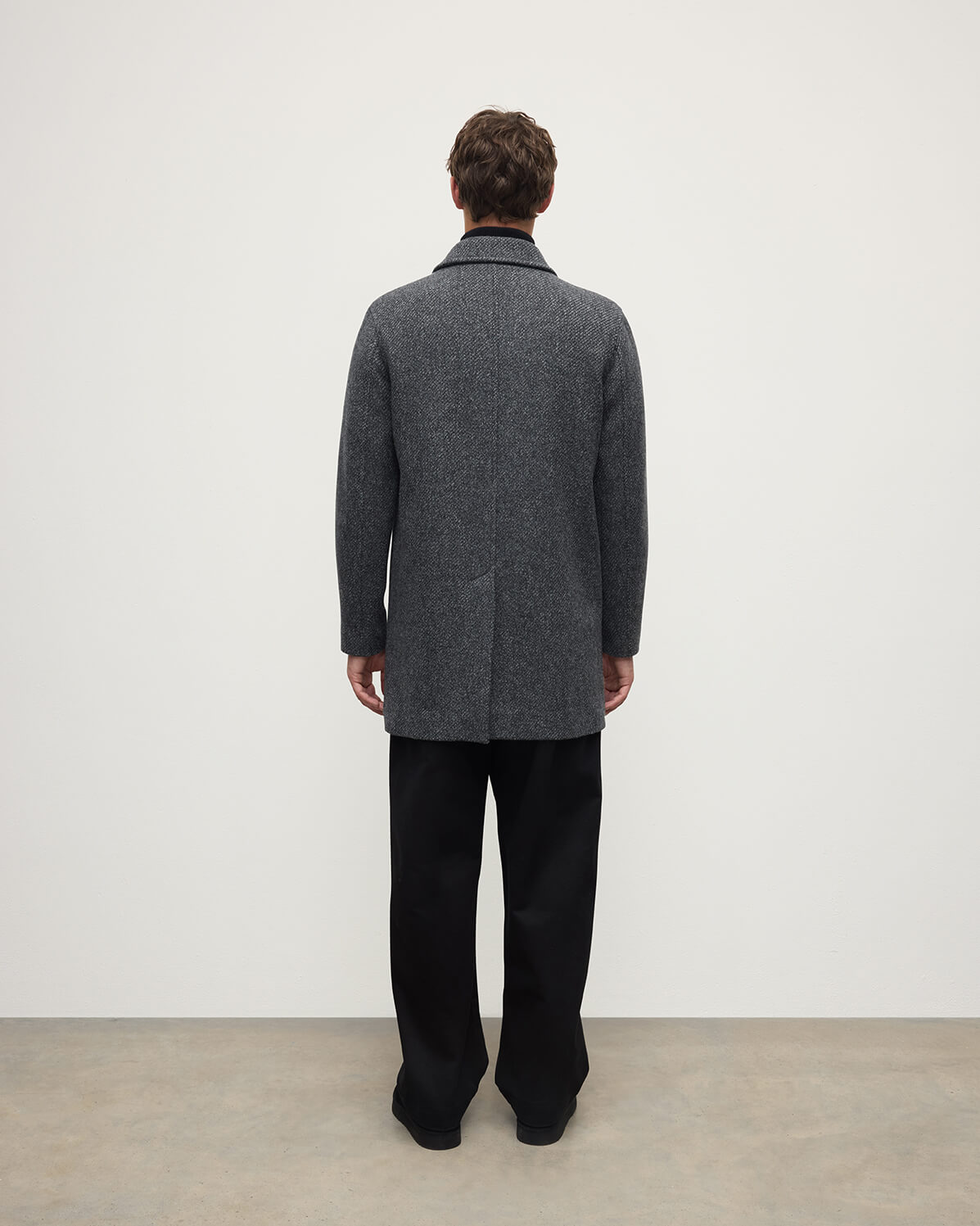 model wearing Johnstons of Elgin AW25 Men's Tailoring Grey Modern Twill Wool Grey Car Coat back TD000473RU7679