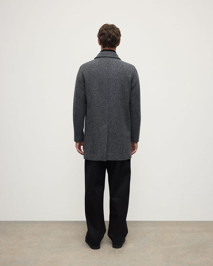 model wearing Johnstons of Elgin AW25 Men's Tailoring Grey Modern Twill Wool Grey Car Coat back TD000473RU7679