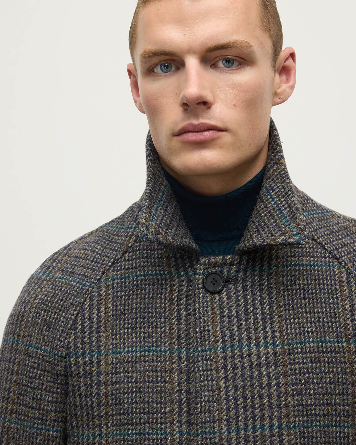 Details of Johnstons of Elgin AW25 Men's Tailoring Dark Slate Glen Urquhart The Balmacaan' Coat | Dark Slate Check TD000475RU7678