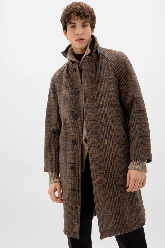 Johnstons of Elgin’s Men's Balmacaan Wool Coat in Bracken on model on a white background TD000423RU7390