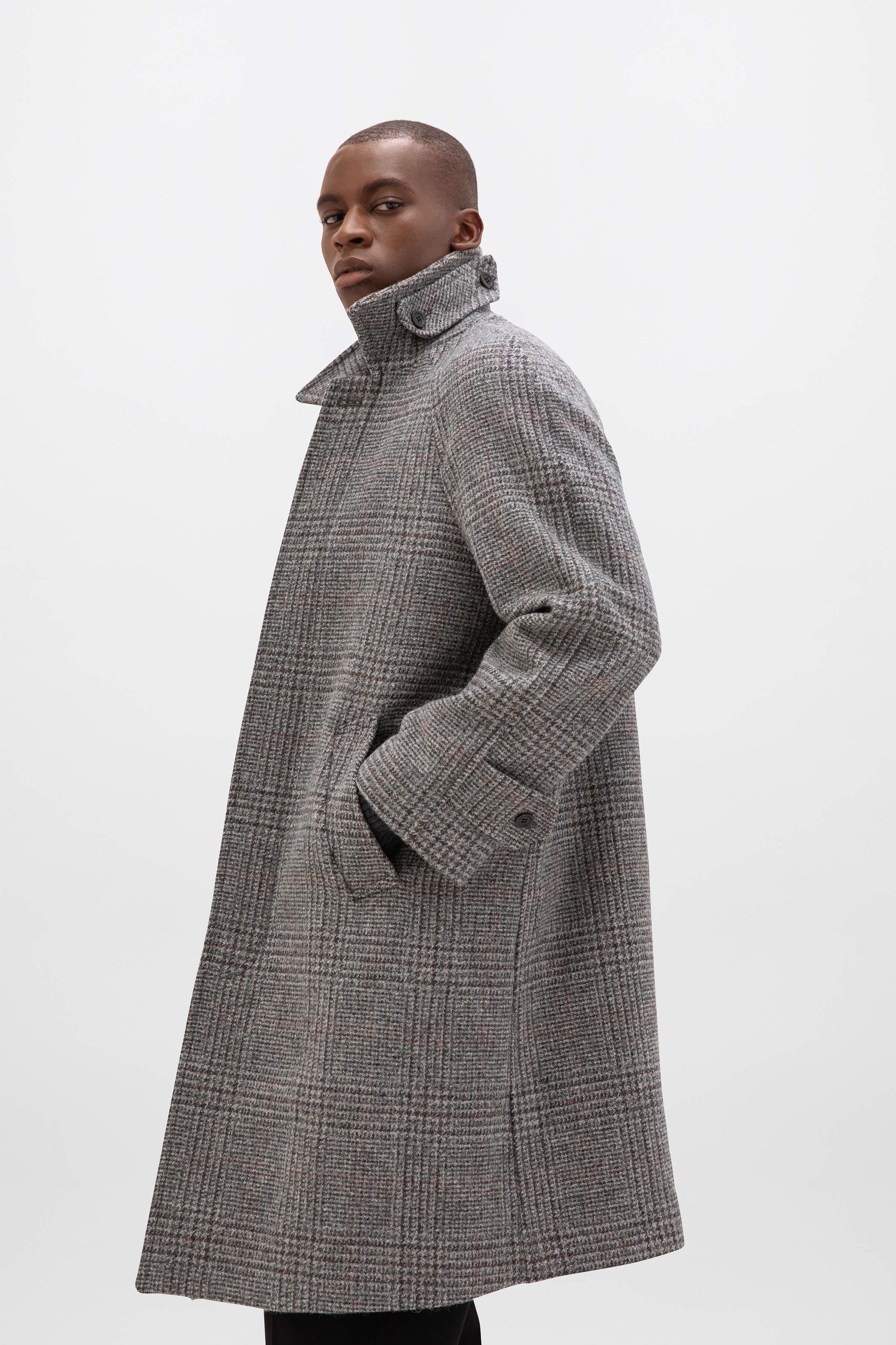 Johnstons of Elgin AW24 Men's Tailoring Grey & Rust Glen Check The Balmacaan' Men's Lambswool Coat TD000423RU7563