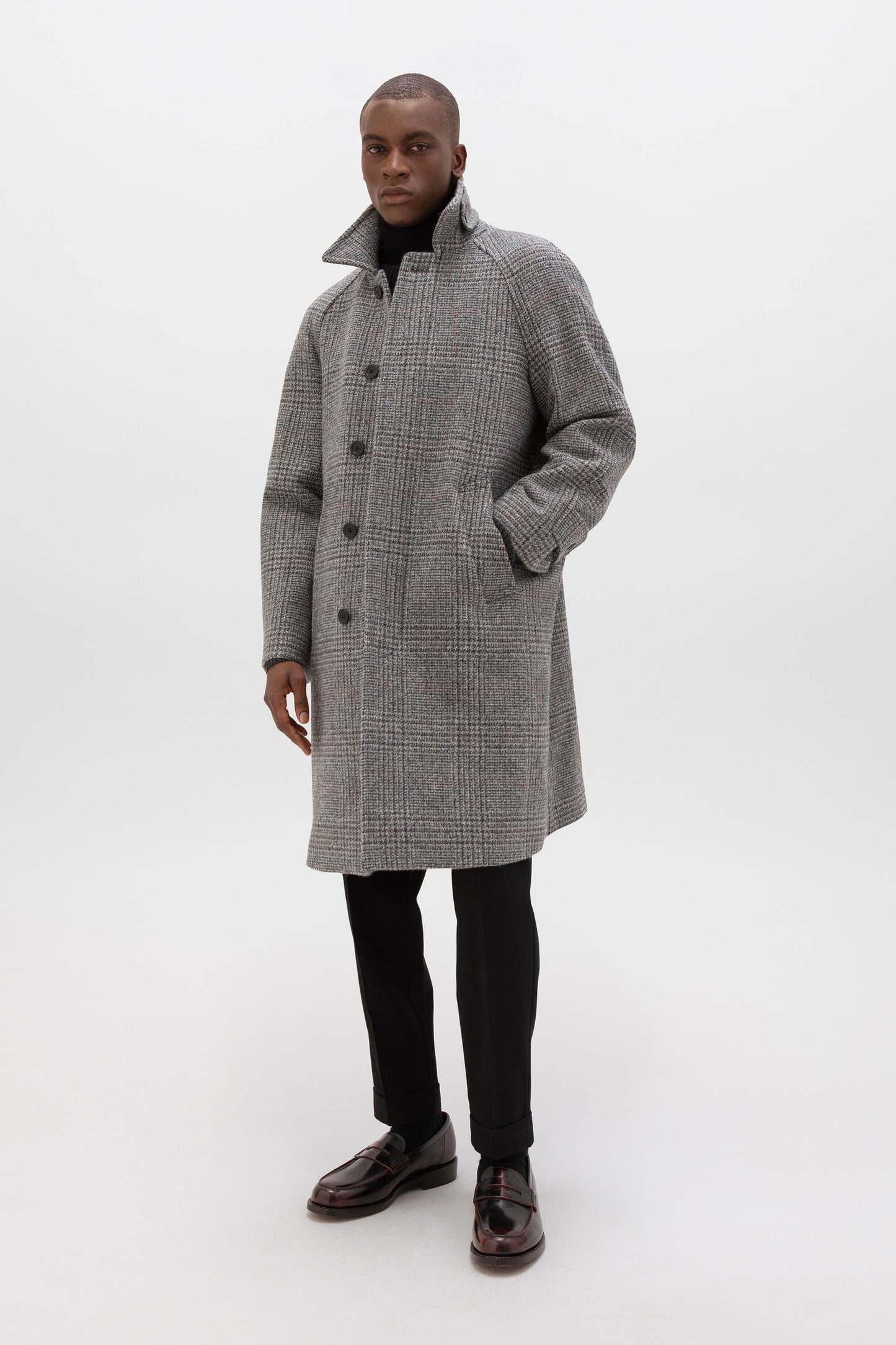 Johnstons of Elgin AW24 Men's Tailoring Grey & Rust Glen Check The Balmacaan' Men's Lambswool Coat TD000423RU7563