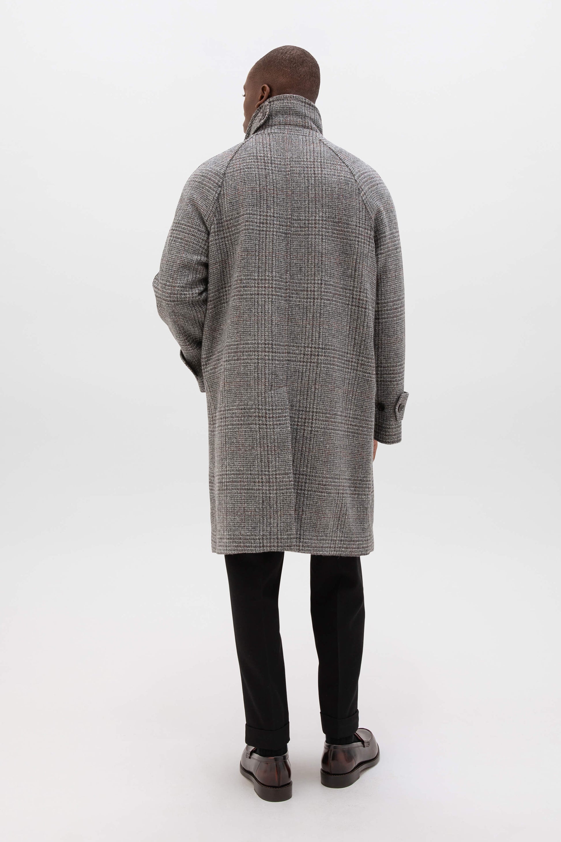 Johnstons of Elgin AW24 Men's Tailoring Grey & Rust Glen Check The Balmacaan' Men's Lambswool Coat TD000423RU7563