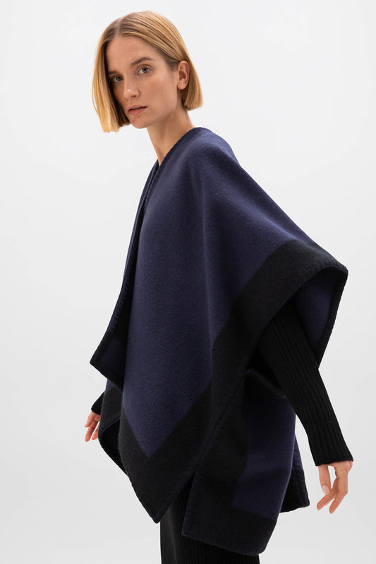 Johnstons of Elgin AW24 Woven Accessory Navy & Black Blanket Stitched Cape TD000442RU7537ONE