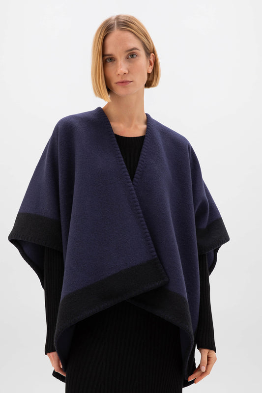 Johnstons of Elgin AW24 Woven Accessory Navy & Black Blanket Stitched Cape TD000442RU7537ONE