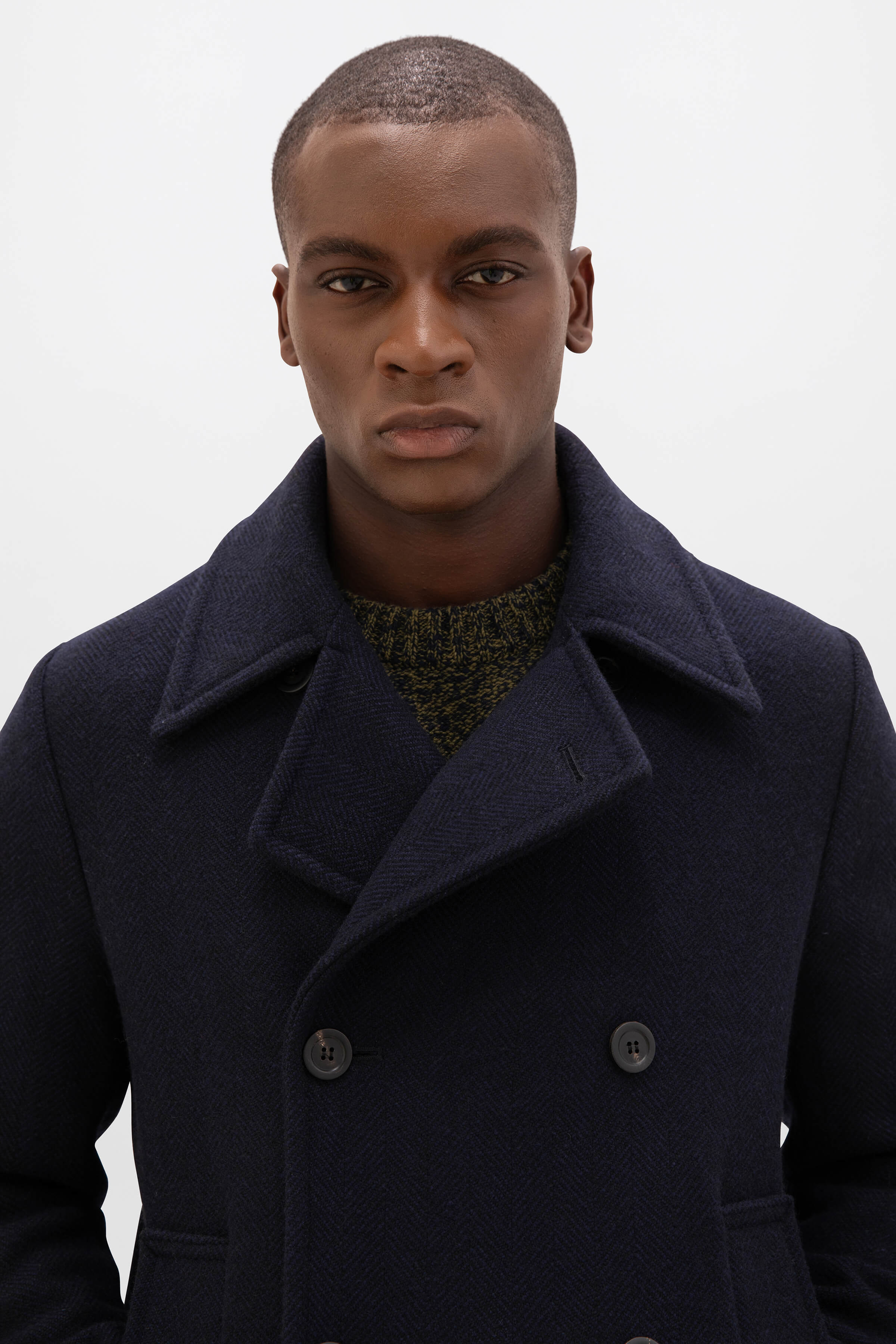 Navy Black Herringbone Pea Coat Johnstons of Elgin