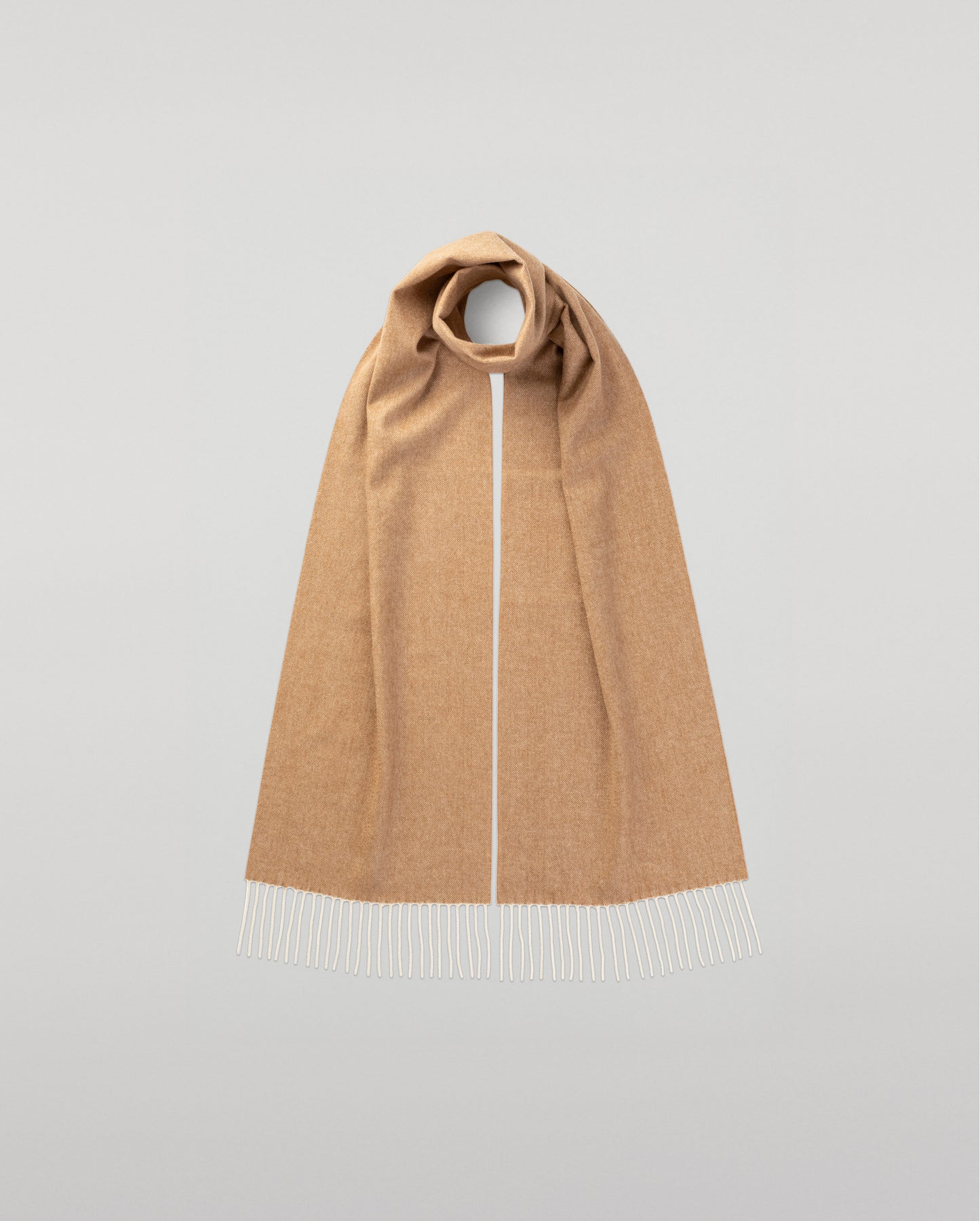 Johnstons of Elgin Neutral Herringbone Cashmere & Vicuña Scarf on a white background TV0000040815