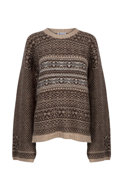 Johnstons of Elgin Women's Round Neck Traditional Sanquhar Fairisle Cashmere Sweater in Oatmeal on a white background KAC05099Q23724