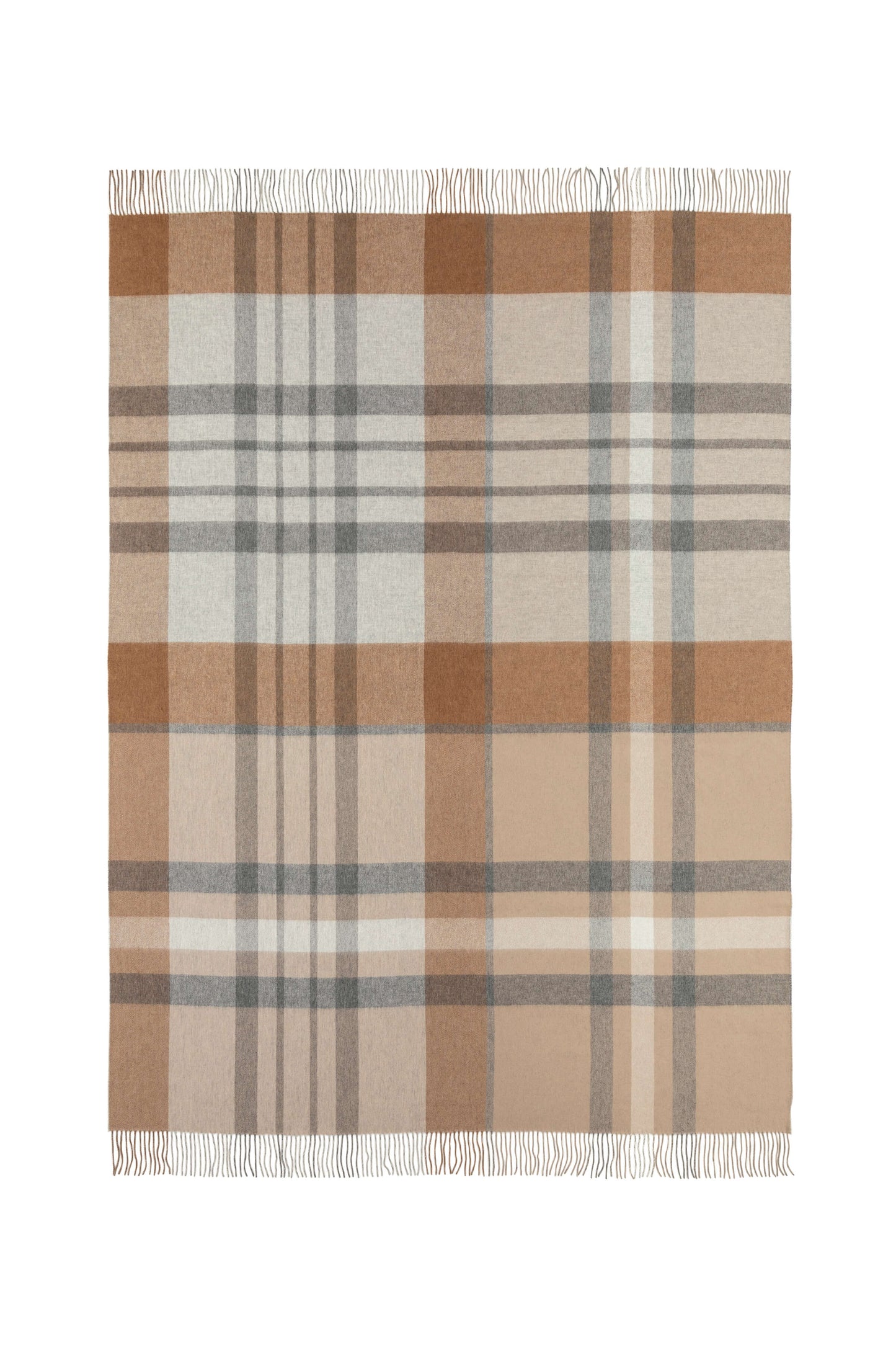 Johnstons of Elgin’s Leven Check Reversible Cashmere Throw on brown chair on a grey background WA000013RU7288