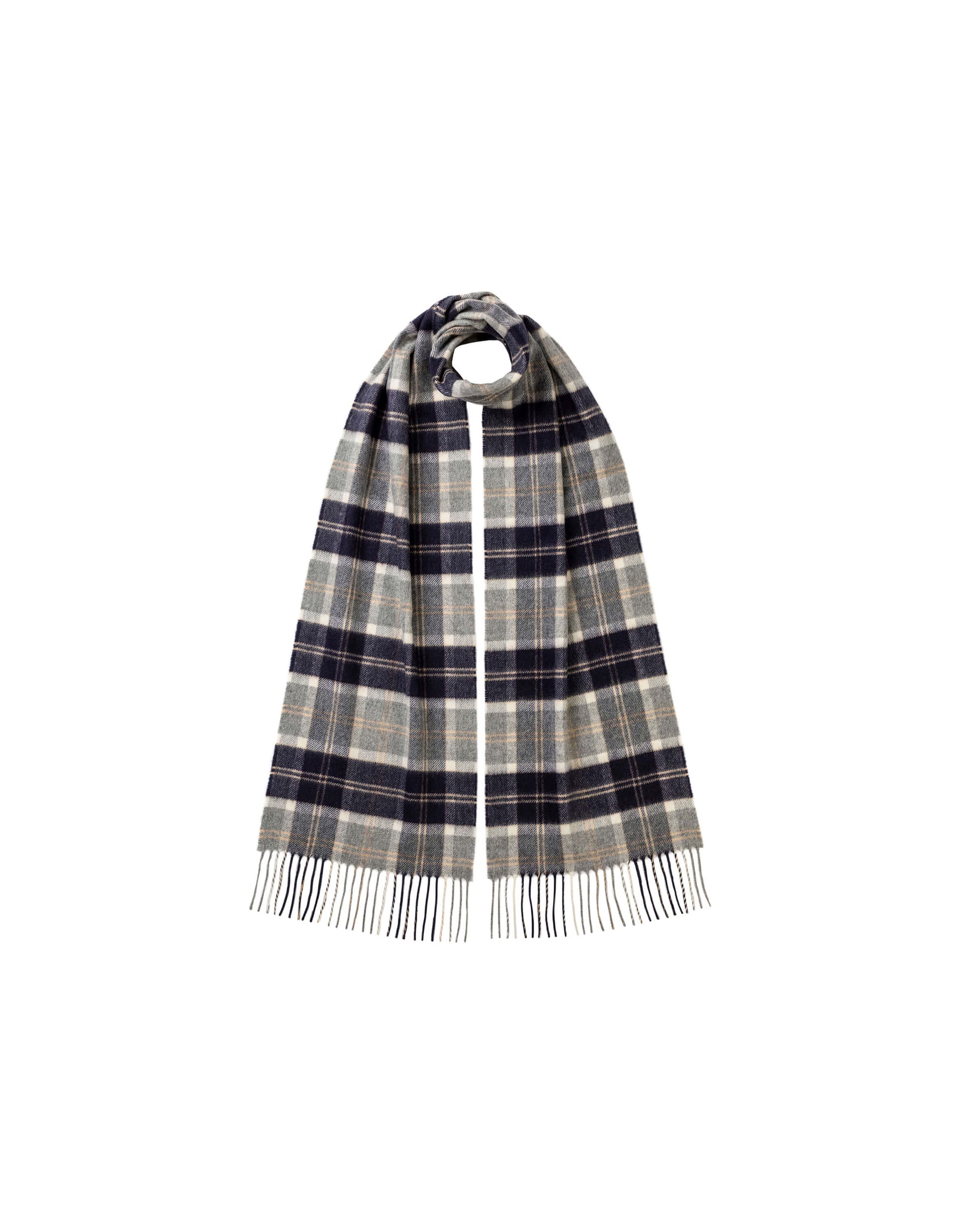 Johnstons of Elgin Silver Bannockbane Tartan Scarf on white background 365GIFTSET7D