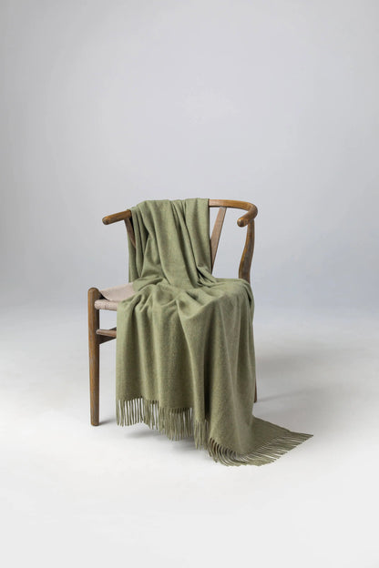 Johnstons of Elgin 2024 Blanket Collection Fern Plain Cashmere Throw on a wooden chair WA000055HC4274ONE