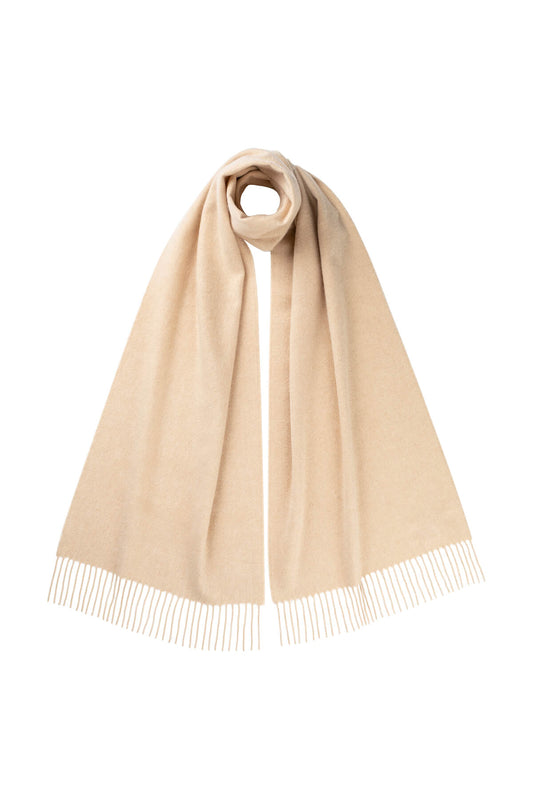 Johnstons of Elgin Oversized Cashmere Scarf in Blonde on a white background WA000057HB0167ONE