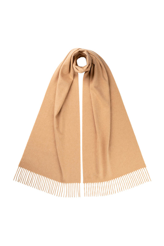 Johnstons of Elgin Oversized Cashmere Scarf in Camel on a white background WA000057HB4315ONE