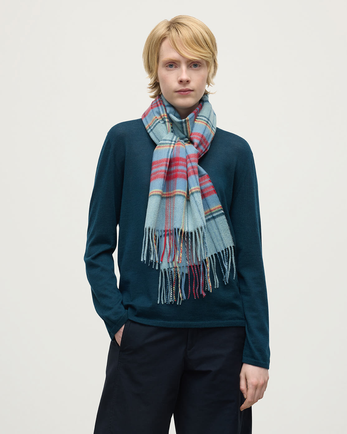 Model wearing Johnstons of Elgin AW25 Woven Accessories Anderson Anderson Tartan Wide Cashmere Scarf WA000057KU0140ONE