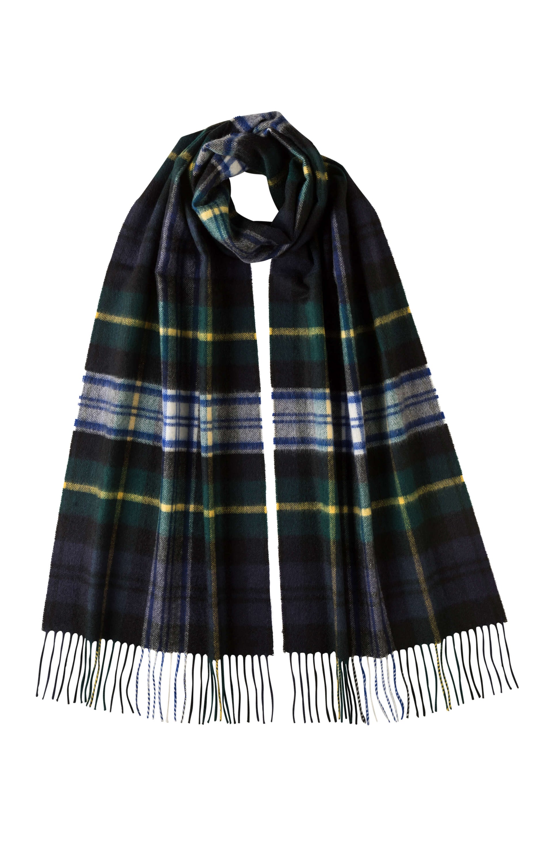 Johnstons of Elgin Tartan Oversized Cashmere Scarf in Dress Gordon on a white background WA000057KU0312N/A