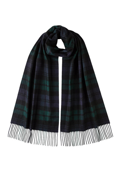 Johnstons of Elgin Ultrafine Merino Tartan Scarf in Black Watch on a white background WDC01797KU0317ONE