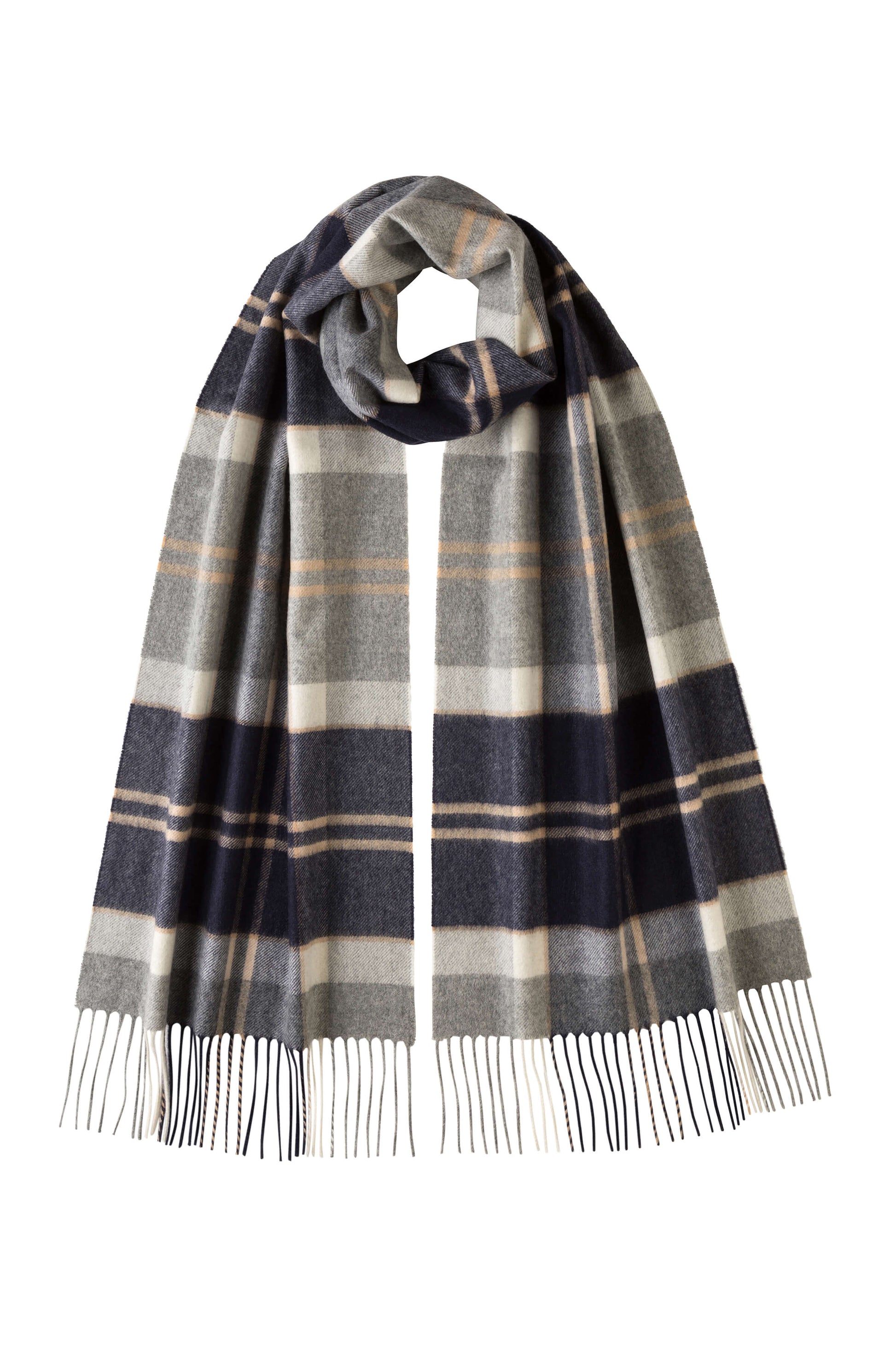 Johnstons of Elgin Tartan Oversized Cashmere Scarf in Silver Bannockbane on a white background WA000057KU0499N/A