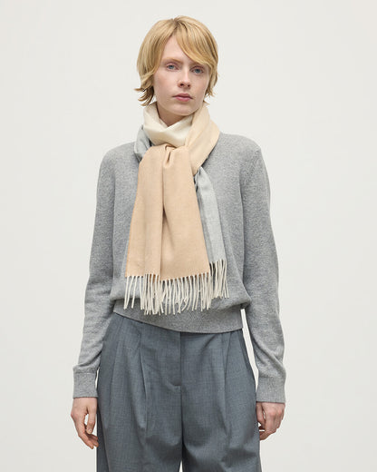 Model wearing Johnstons of Elgin AW25 Woven Accessories Camel & Silver Ombré Cashmere Scarf WA000057RU7374ONE