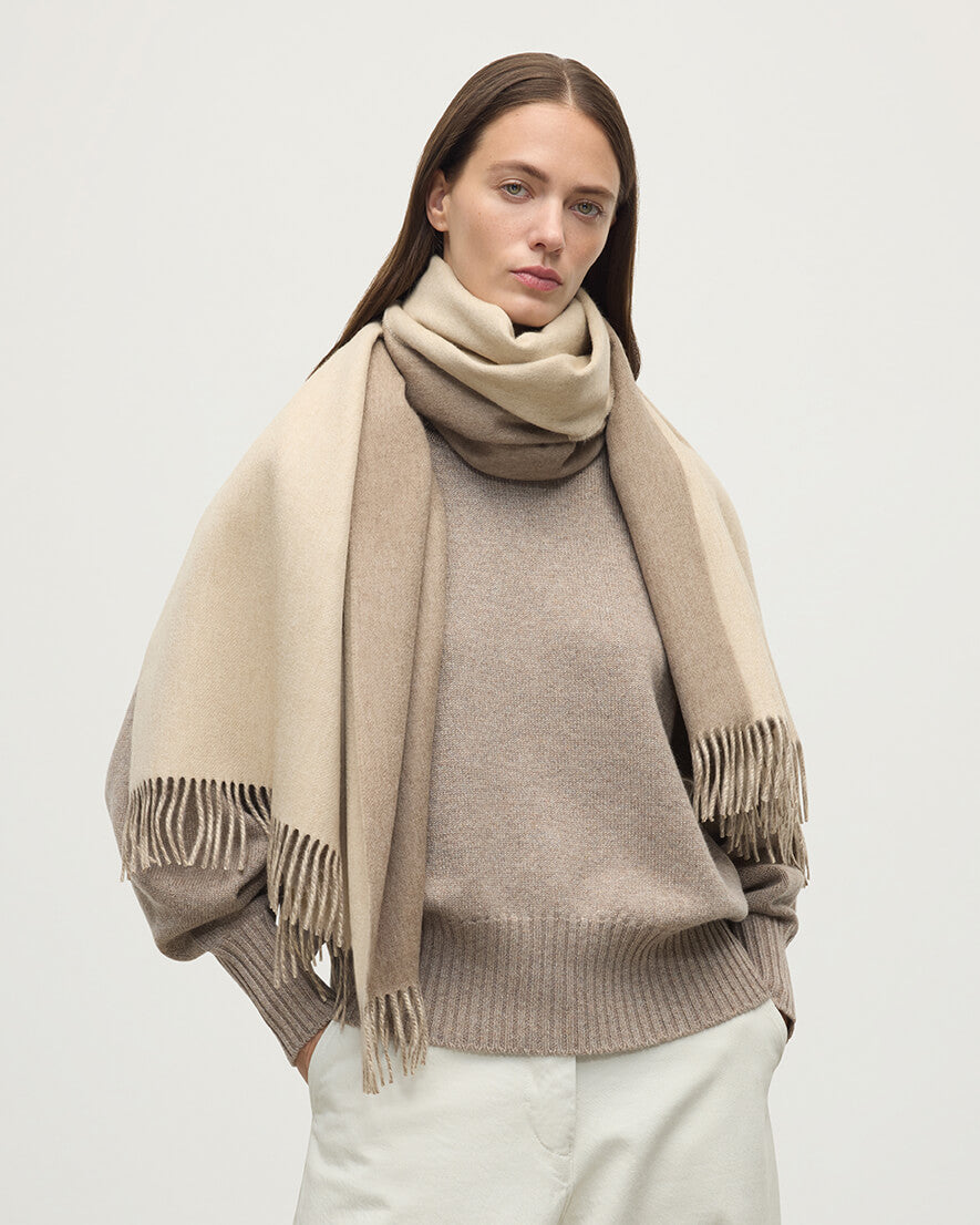 Model wears Johnstons of Elgin Woven Accessories Natural Contrast Reversible Cashmere Stole WA000585RU6040N/A