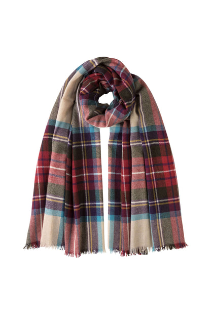 Johnstons of Elgin Lightweight Tartan Cashmere Stole in Hessian Dress Stewart on a white background WA001174KU0010N/A