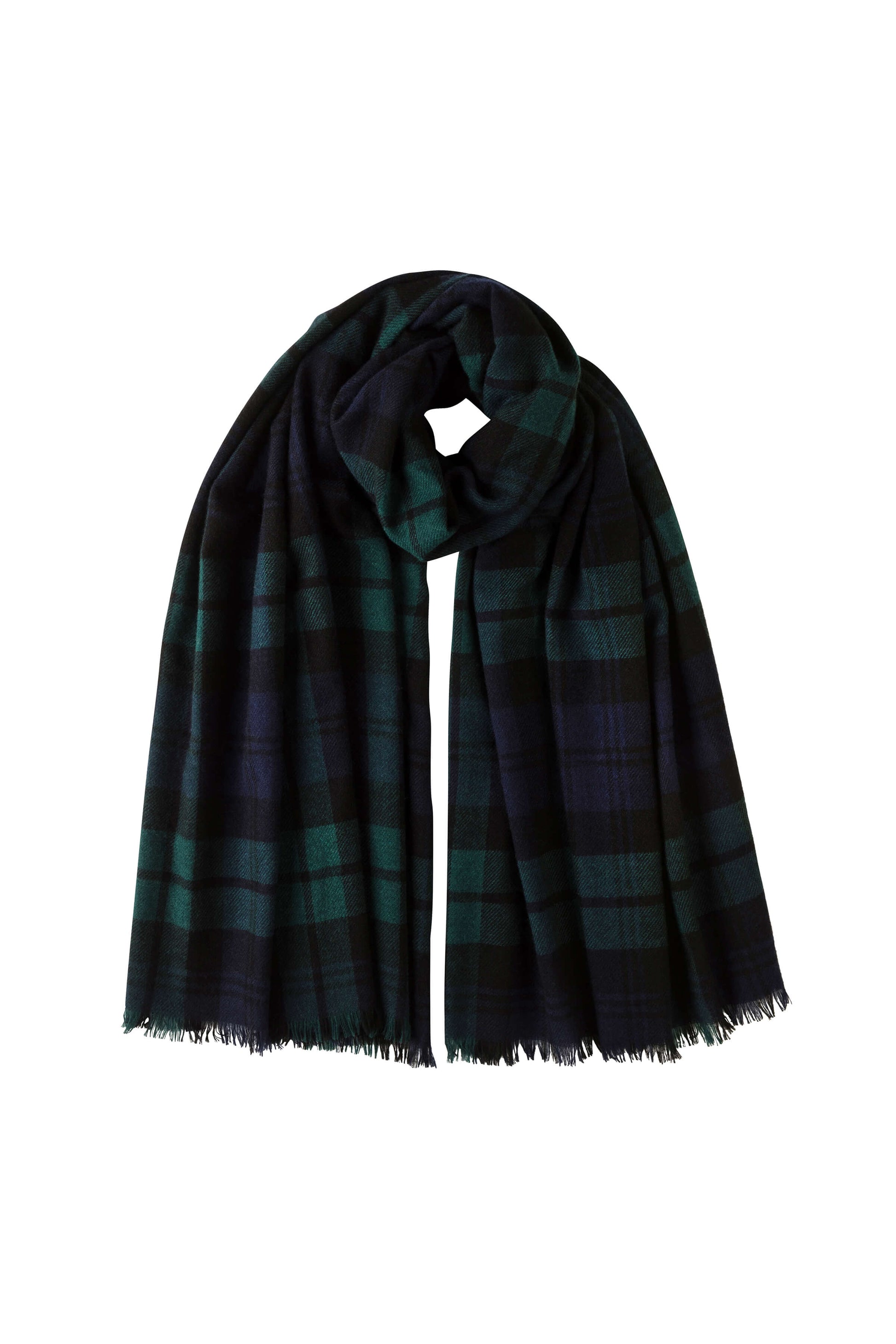 Johnstons of Elgin Lightweight Tartan Cashmere Stole in Black Watch on a white background WA001174KU0317N/A