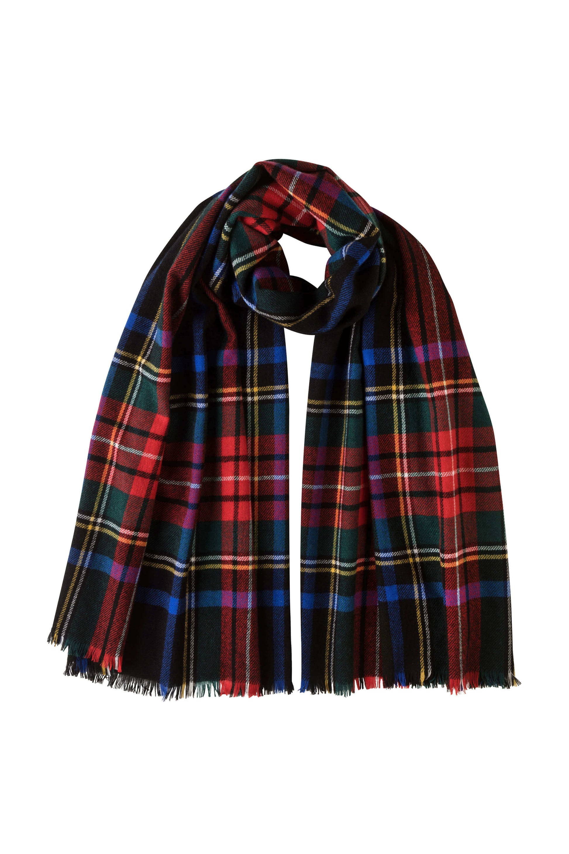 Johnstons of Elgin Lightweight Tartan Cashmere Stole in Black Stewart on a white background WA001174KU0324N/A