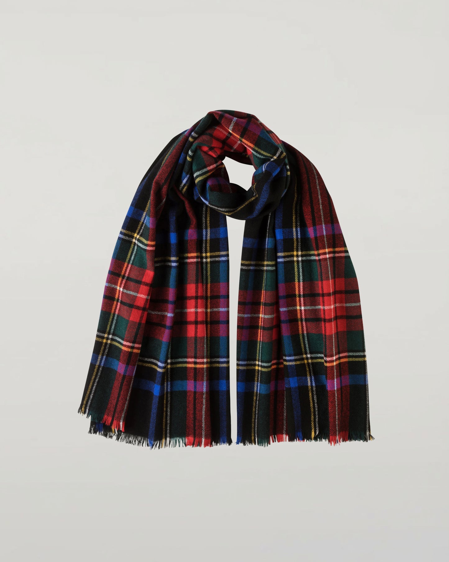 Johnstons of Elgin Lightweight Tartan Cashmere Stole in Black Stewart on a white background WA001174KU0324N/A