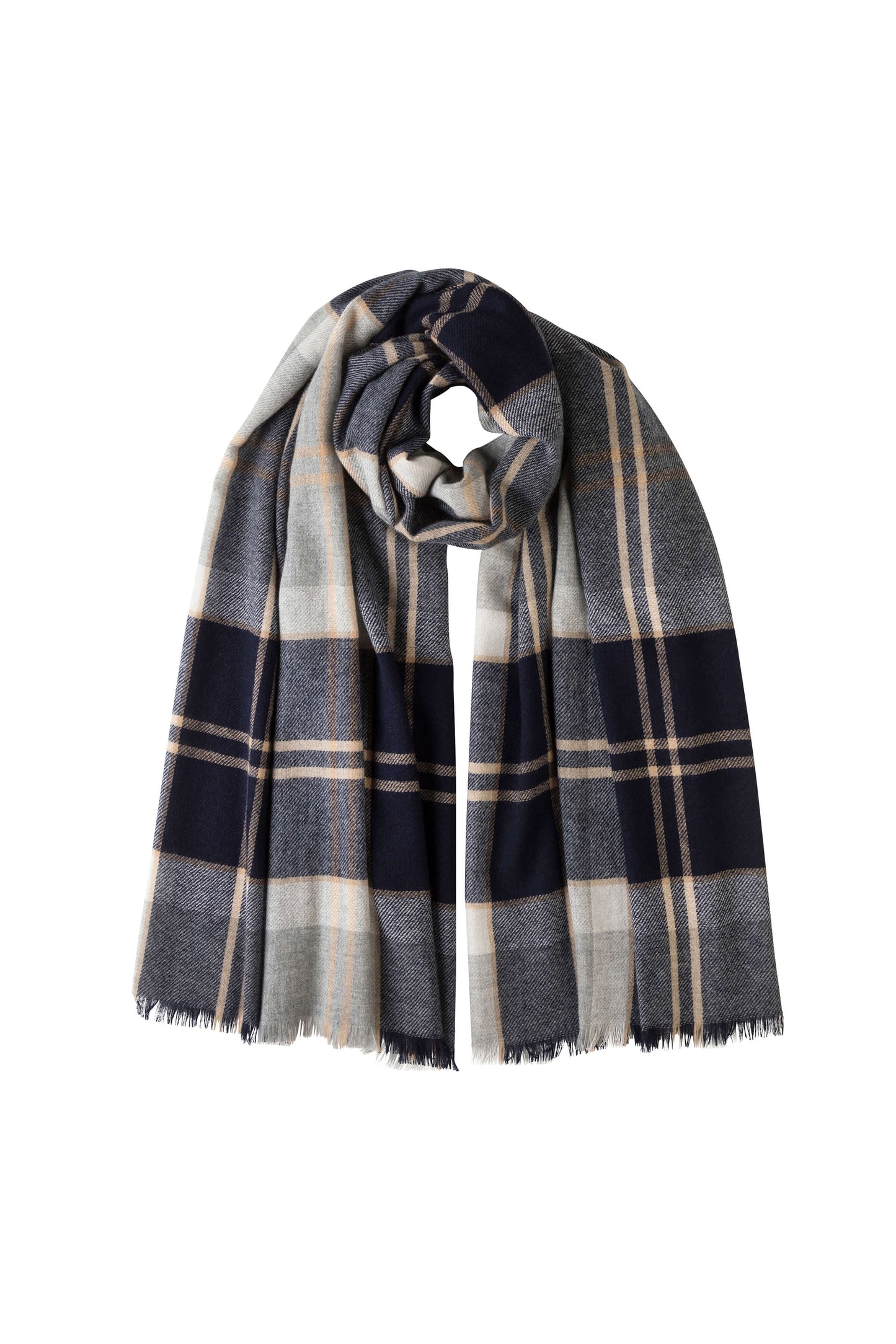 Johnstons of Elgin Lightweight Tartan Cashmere Stole in Silver Bannockbane on a white background WA001174KU0499N/A