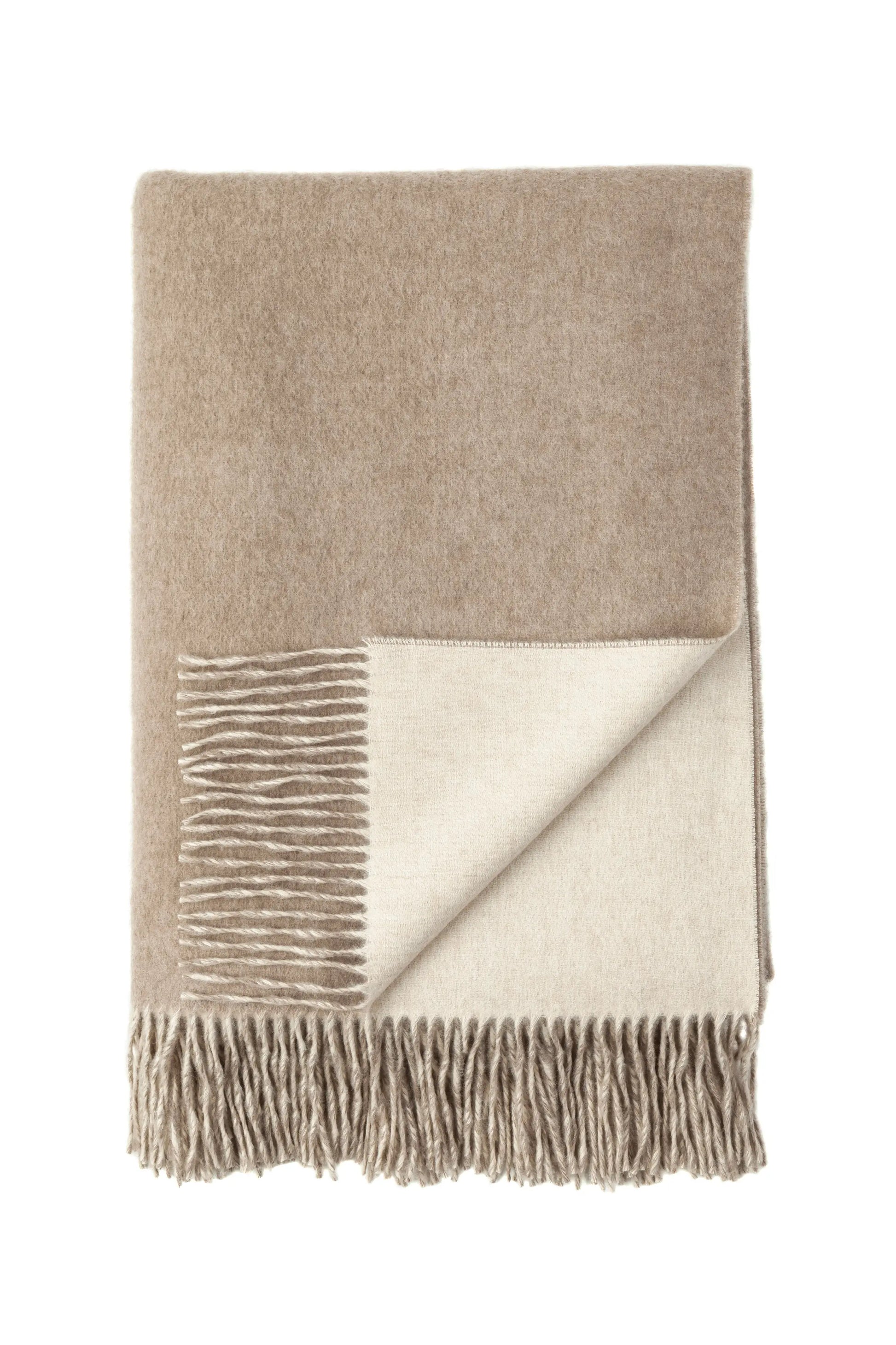 Johnstons of Elgin Blanket Collection Light Brown & Light Grey Reversible Cashmere Bed Throw on a white background WA001374RU6323ONE