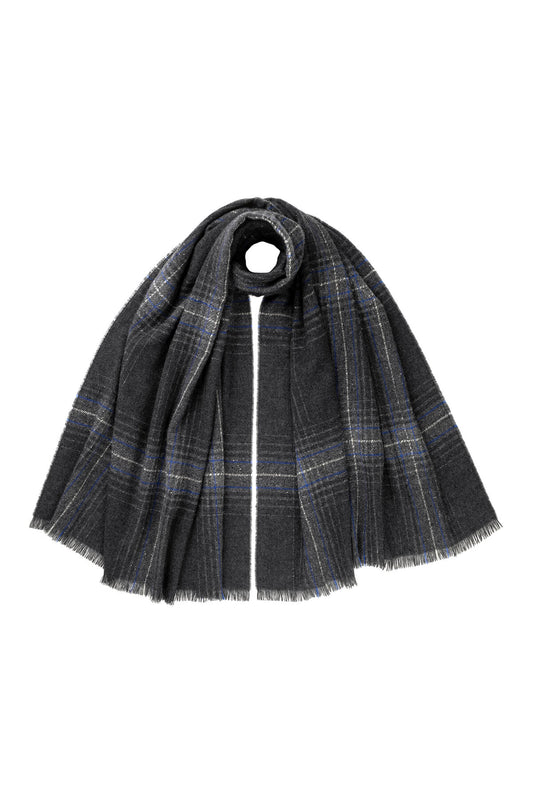 Johnstons of Elgin Donegal Ombre Check Cashmere Scarf in Grey on a white background WA001865RU7357ONE