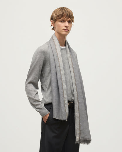 MALE MODEL WEARS JOHNSTON OF ELGIN IVES CHEVRON BORDER SCARF 100% CASHMERE OVER A GREY SUPERFINE CASHMERE SWEATER WA002446RU7700ONE