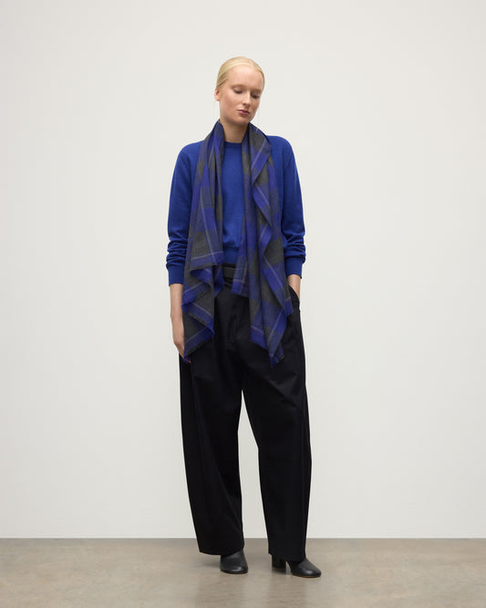 MODEL WEARS JOHNSTONS OF ELGIN CARNBEE LARGE GINGHAM SCARF NAVY 100% CASHMERE OVER RONAY BLUE CASHMERE SWEATER WA002476RU7710ONE