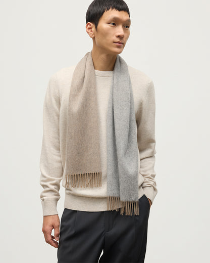 MALE MODEL WEARS JOHNSTONS OF ELGIN NATURAL BARD SCARF 100% CASHMERE OVER A NATURAL CASHMERE SWEATER  WA002560RU7726ONE