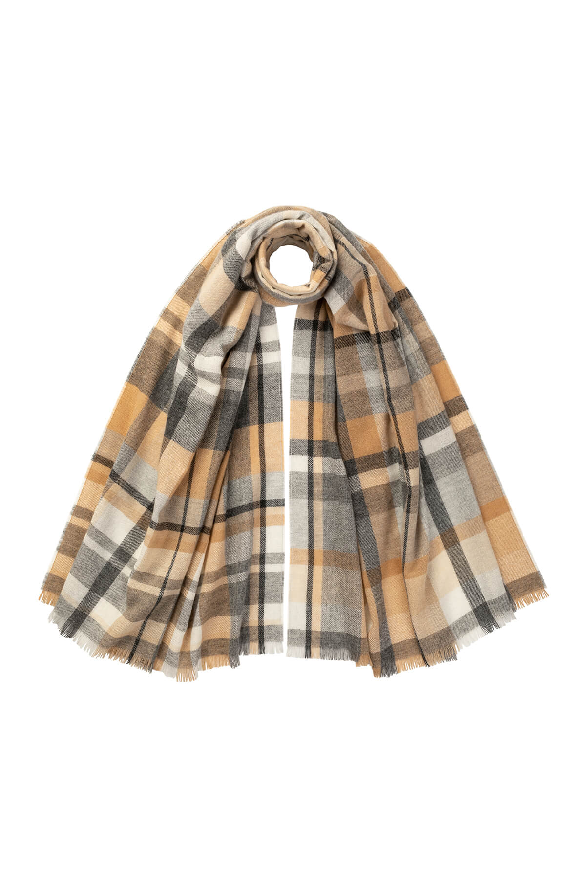 Johnstons of Elgin Madras Check Lightweight Cashmere Stole in Camel on a white background WA001174RU7328ONE