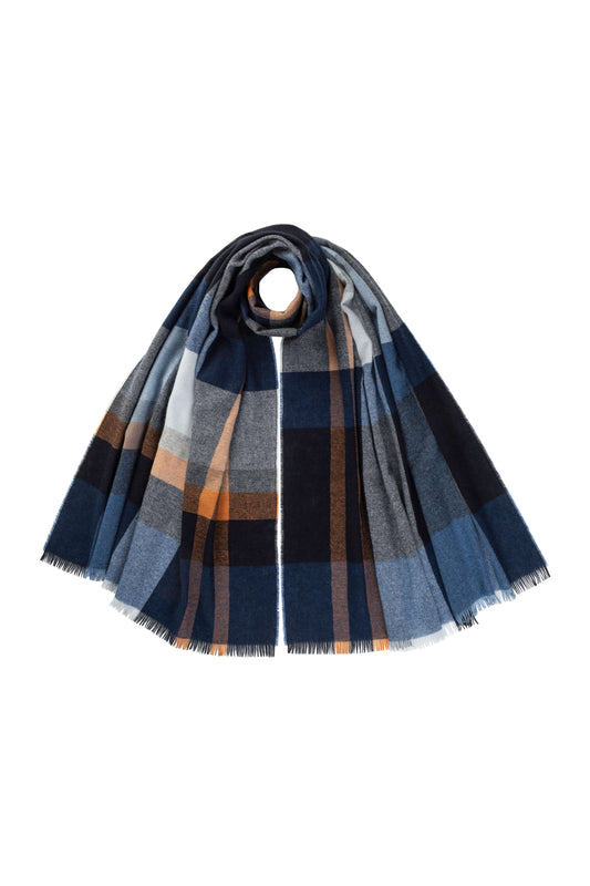 Johnstons of Elgin AW24 Woven Accessory Navy Block Check Lightweight Cashmere Stole WA001174RU7483ONE