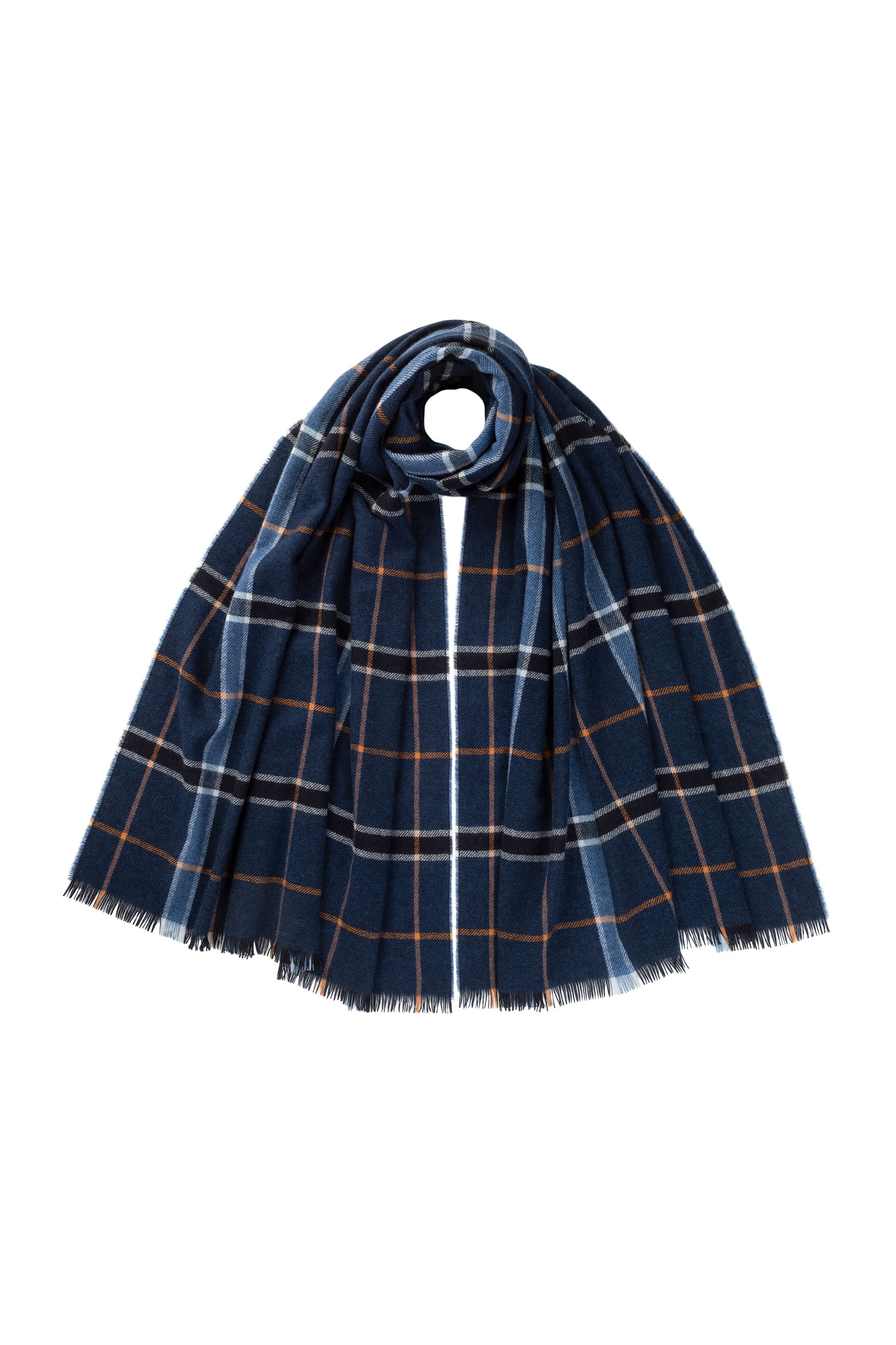 Johnstons of Elgin AW24 Woven Accessory Navy Madras Check Lightweight Cashmere Stole WA001174RU7509ONE