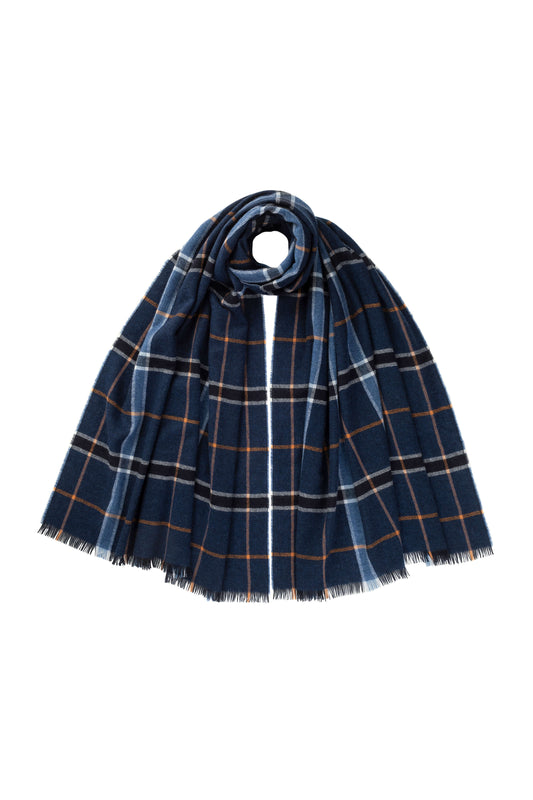 Johnstons of Elgin AW24 Woven Accessory Navy Madras Check Lightweight Cashmere Stole WA001174RU7509ONE