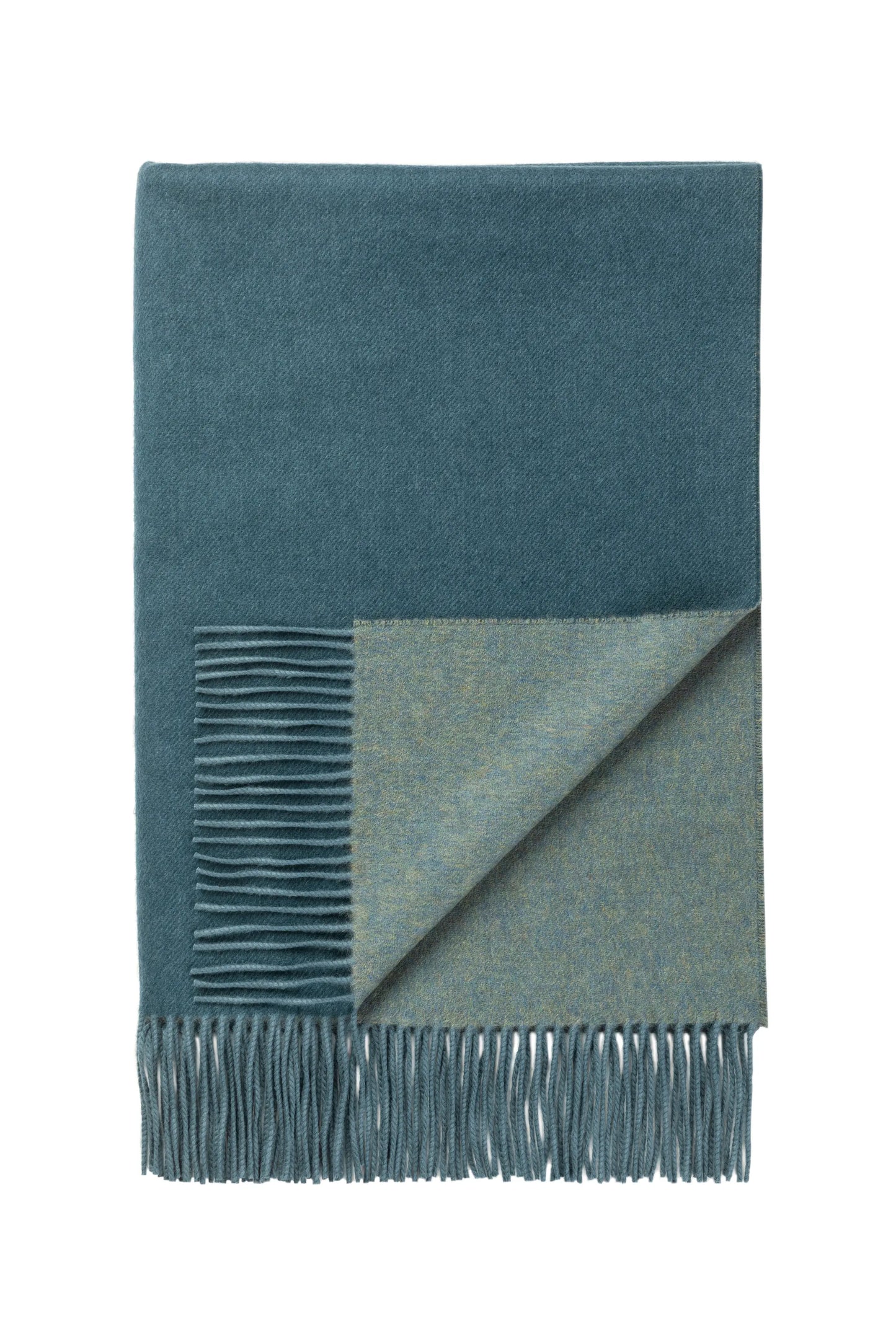 Johnstons of Elgin Reversible Pure Cashmere Throw in Teal & Lovat on a white background WA000013RU7257ONE