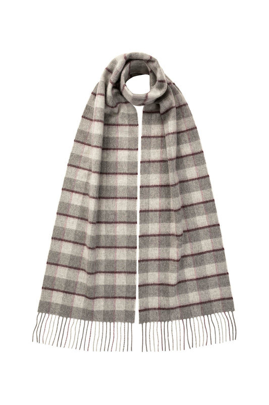 Johnstons of Elgin Bordered Gingham Cashmere Scarf in Grey on a white background WA000016RU7314ONE