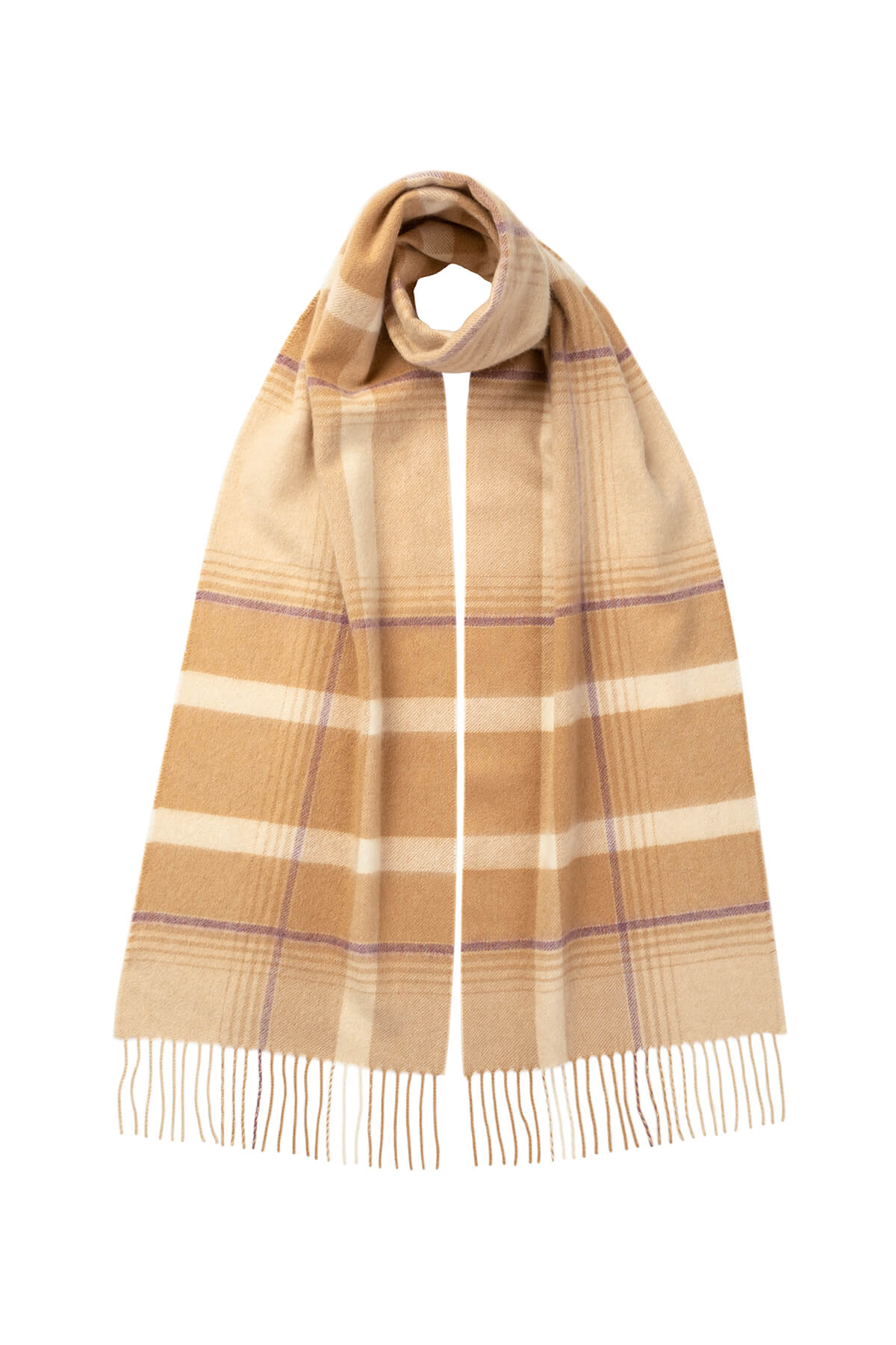 Johnstons of Elgin Asymmetric Check Cashmere Scarf in Camel on a white background WA000016RU7317ONE