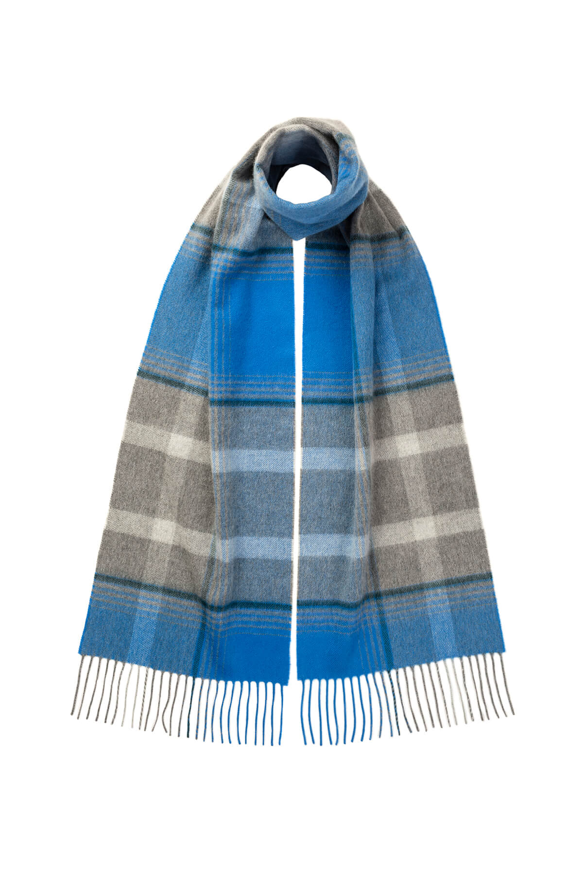 Johnstons of Elgin Asymmetric Check Cashmere Scarf in Blue on a white background WA000016RU7318ONE